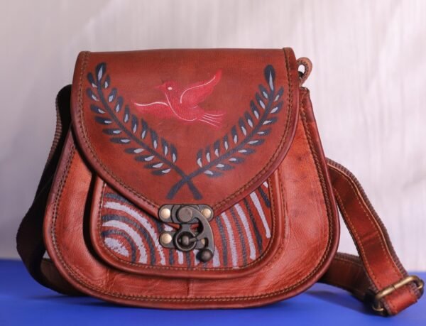 vintage brown hand painted leather shoulder messenger bag